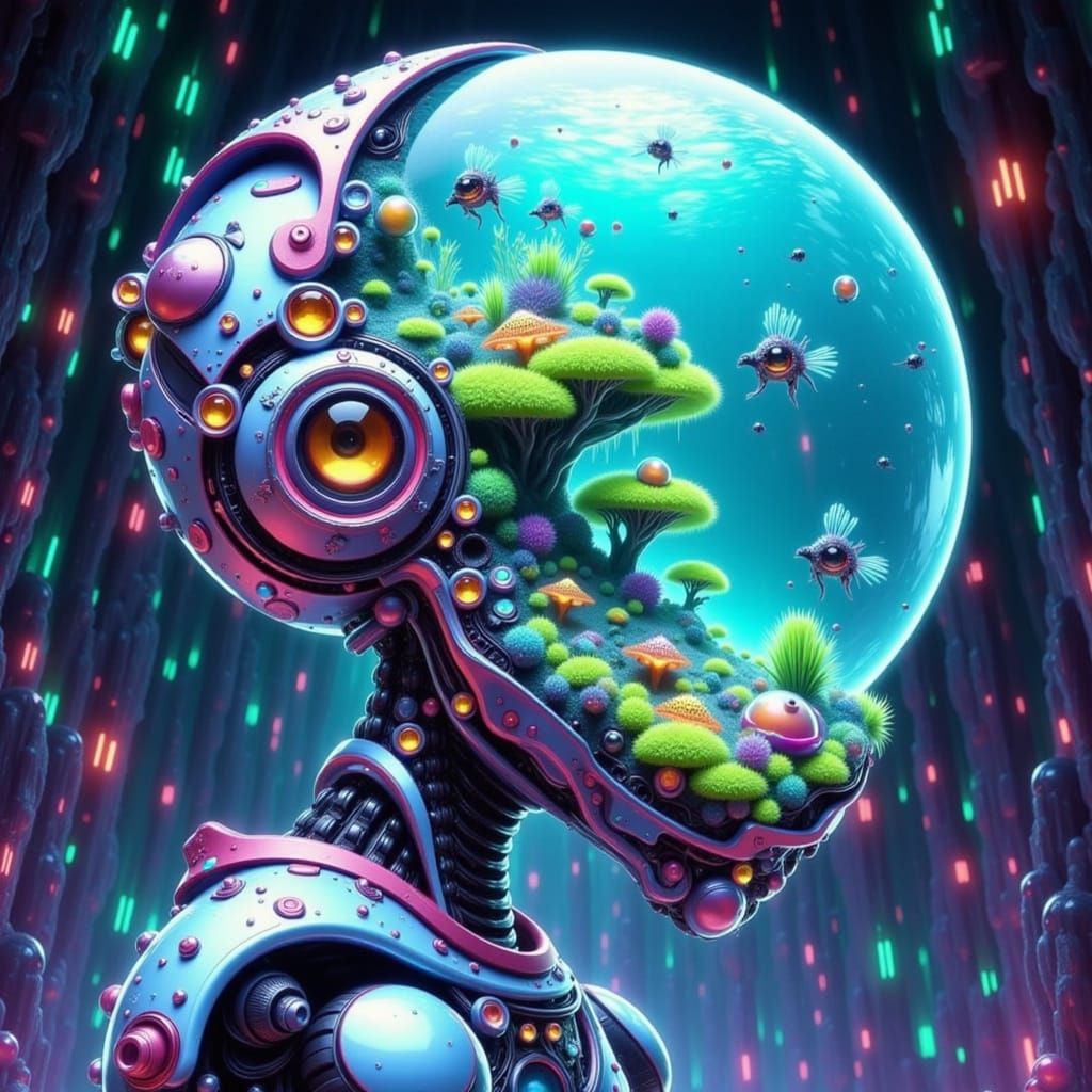 Futuristic Robot With Glass Head & Ocean Ecosystem