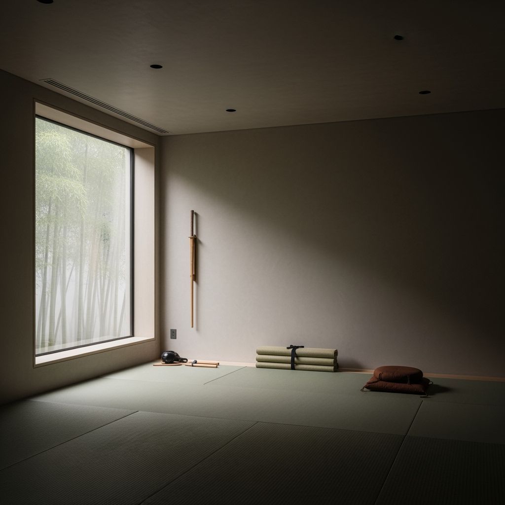Serene Minimalist Dojo with Bamboo Forest View