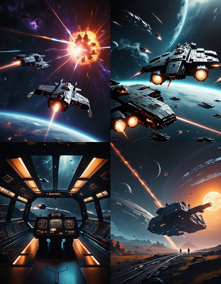 Epic Space Battle Cinematic Film Still in 35mm Style