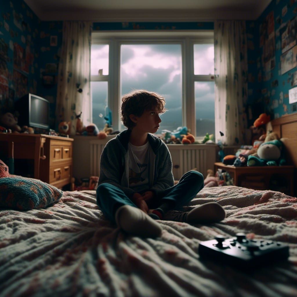 Boy Gaming in Bedroom: Hyperrealistic Cinematic Still
