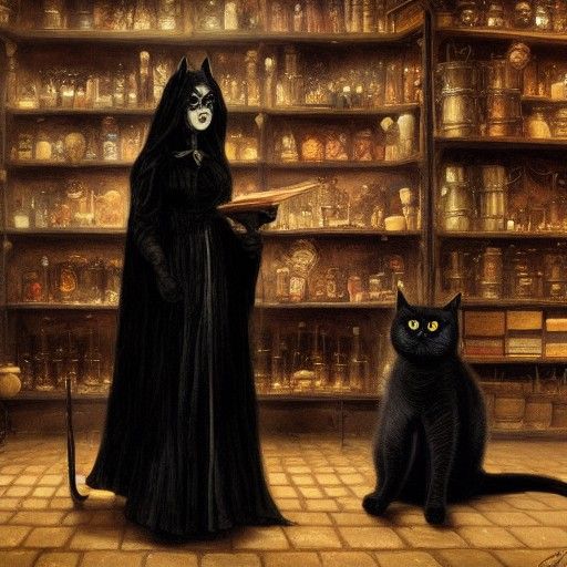 Witch and Black Cat in Sinister Magic Shop