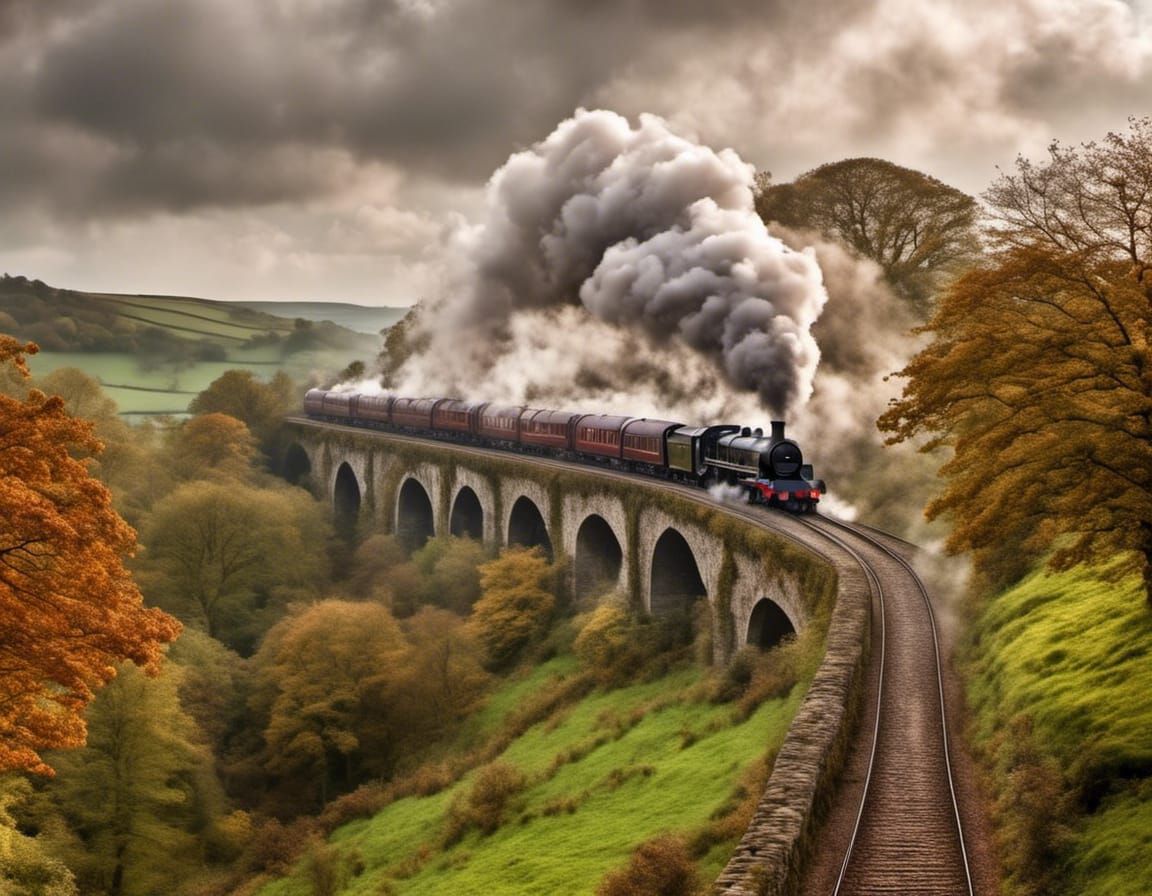 Steam Train Crossing Viaduct in British Countryside
