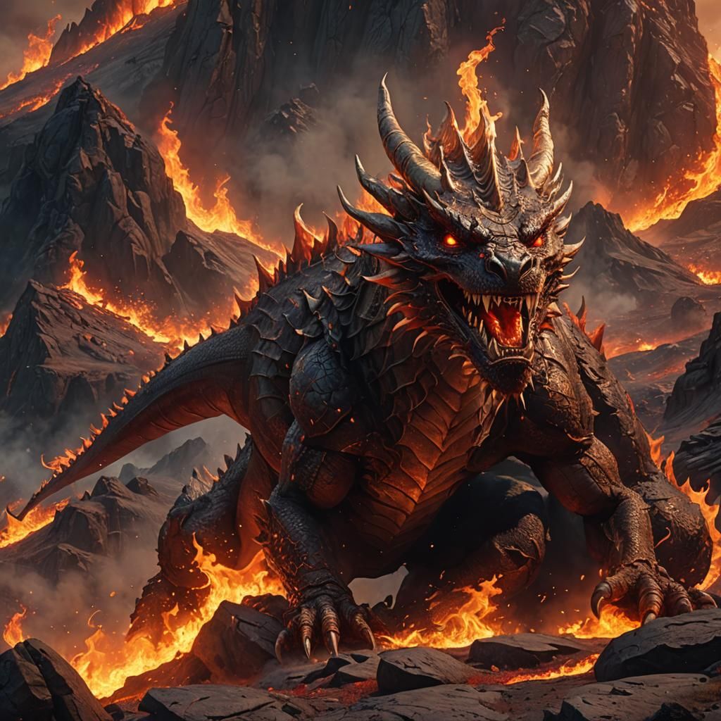 Fiery Dragon Over Mountain in Fantasy Art Style