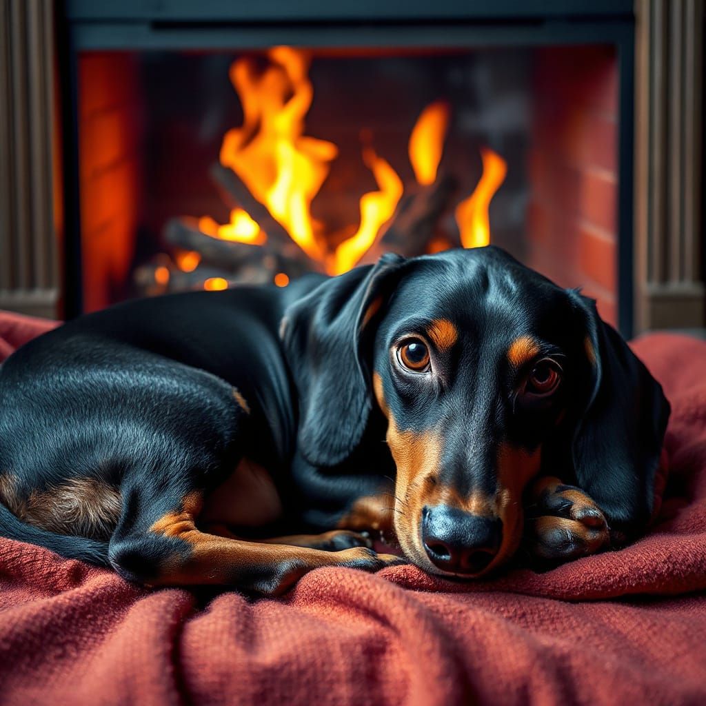 Hyperrealistic Dachshund Curled by Fireplace