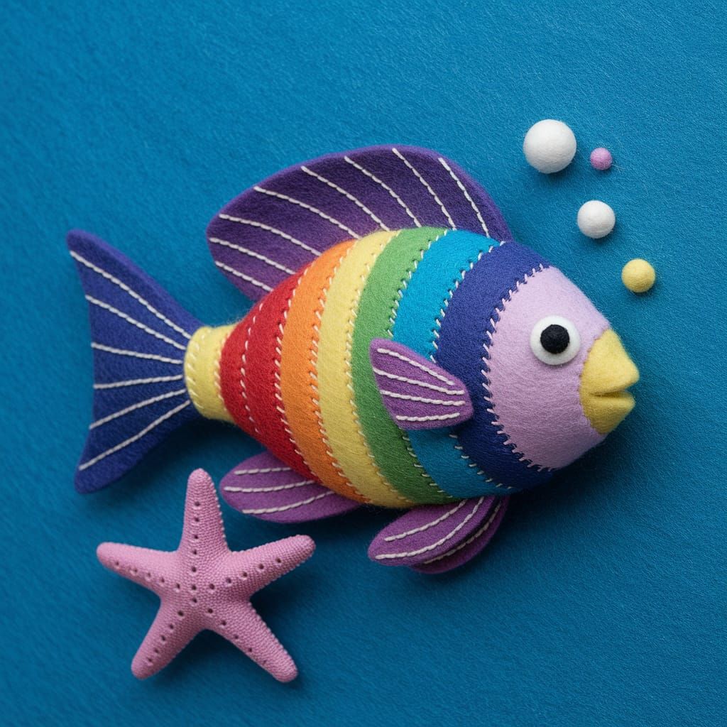 Felted Rainbow Fish and Starfish in Hyperrealistic Style