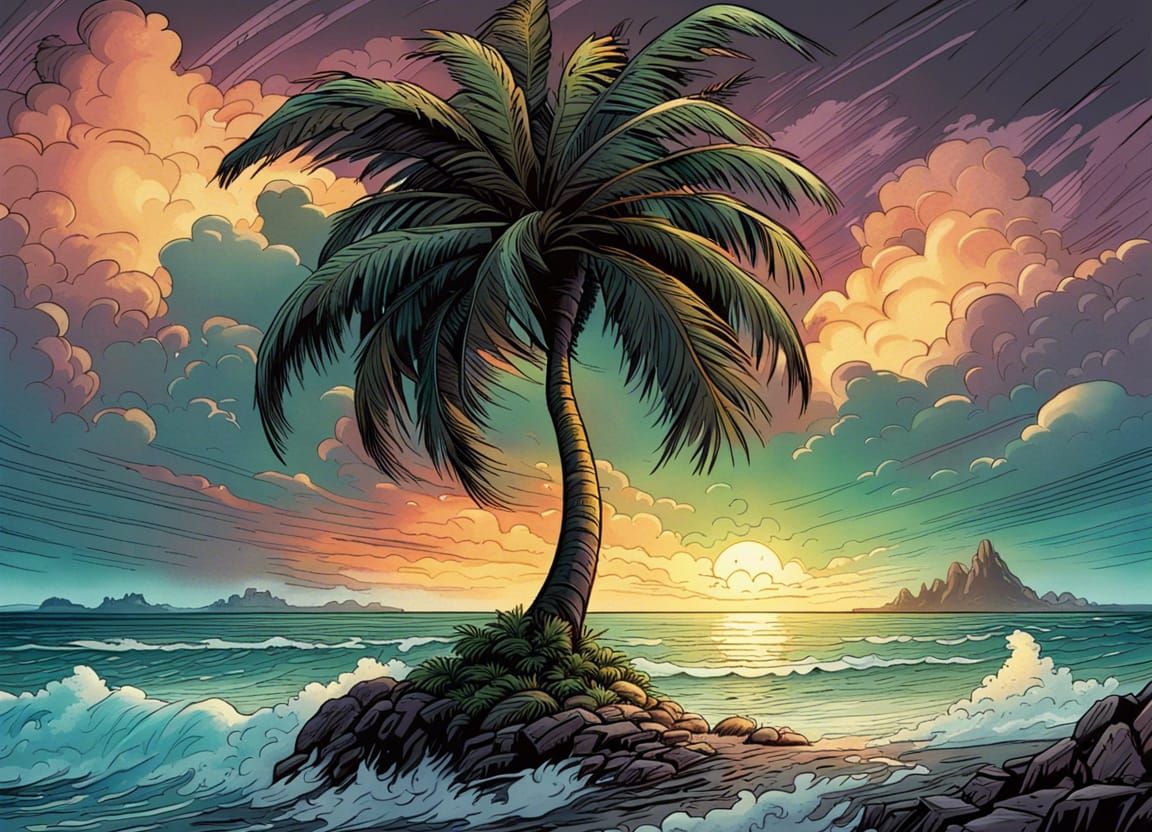 Tropical Palm Tree in Stormy Comic Book Art