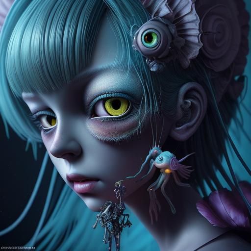 Surreal Doll Portrait with Neon Headdress