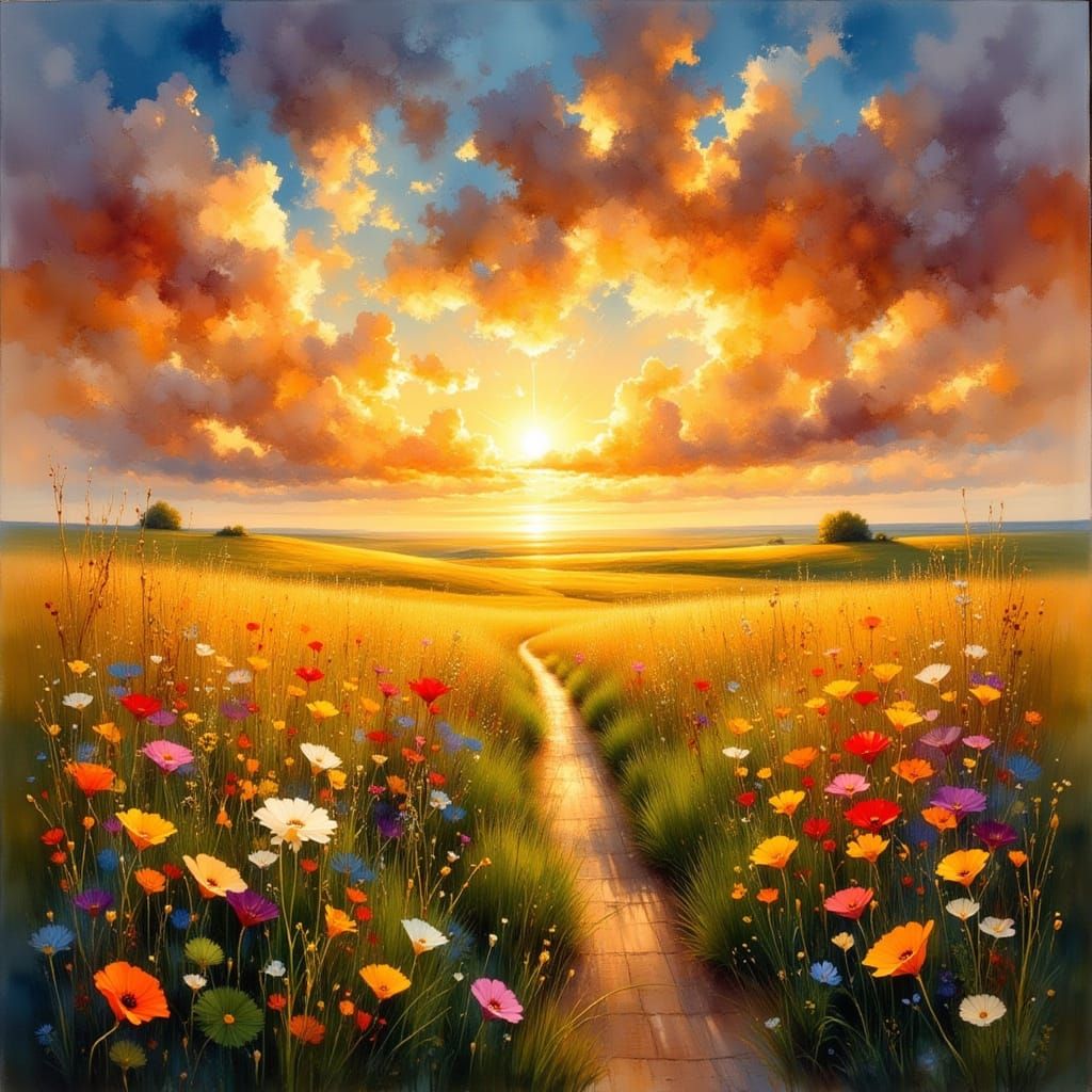 Kansas Highway Sunset in Impressionist Style