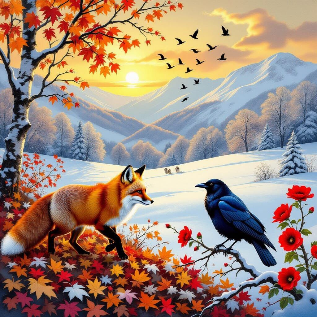 Fox Amidst Autumn Leaves & Winter Wonderland