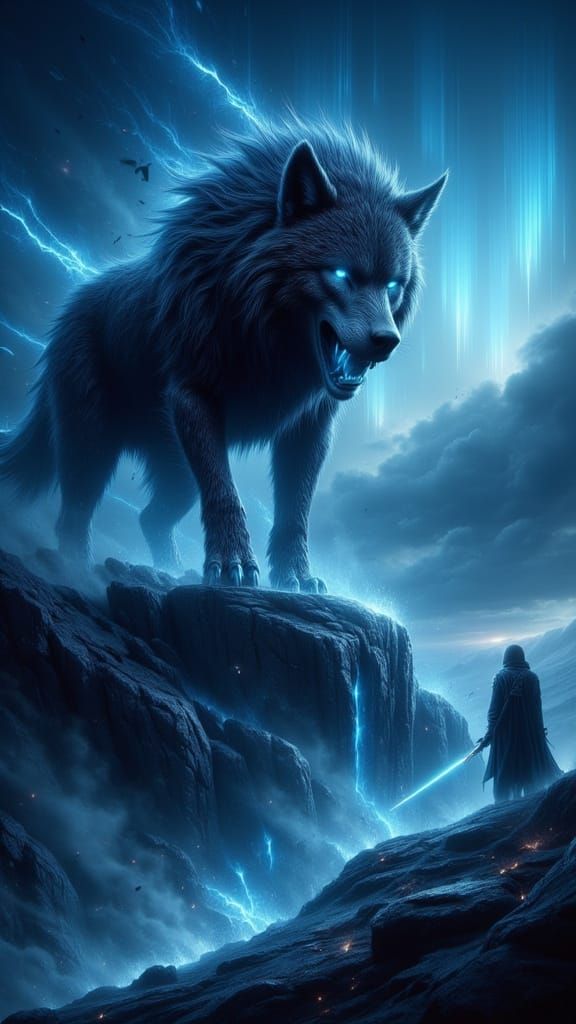 Fenrir the Direwolf on Arctic Cliff in Atmospheric Style