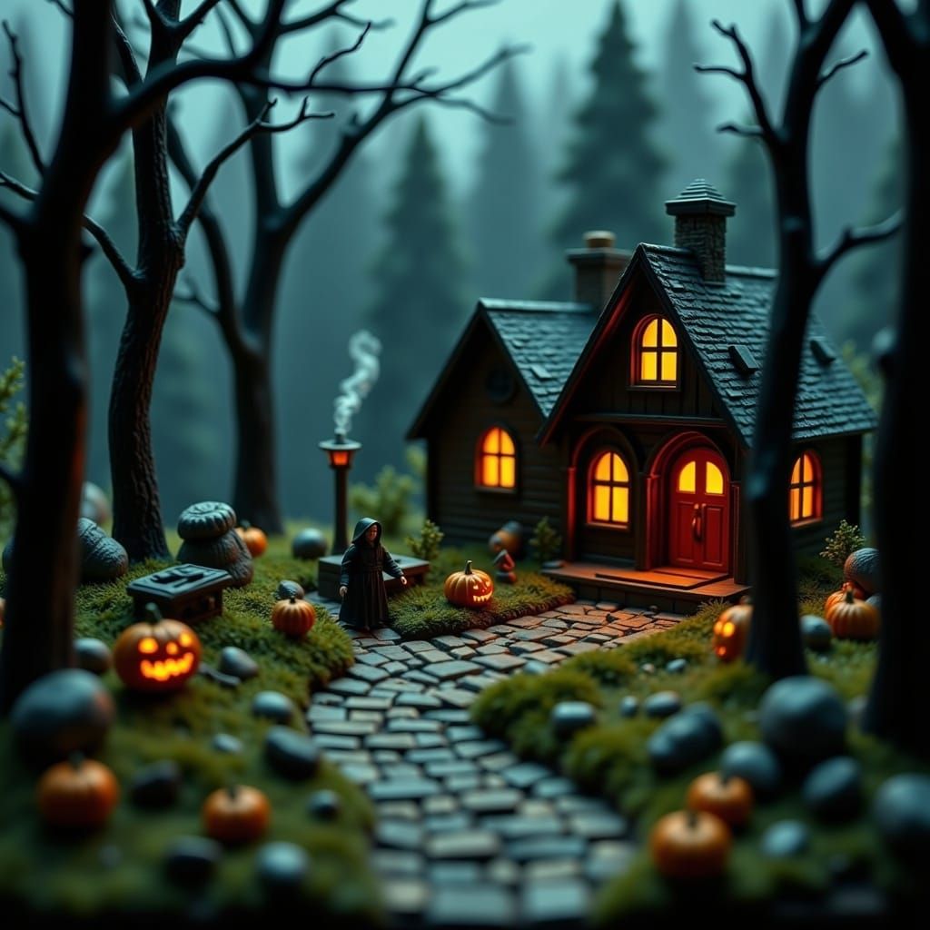 Enchanted Cottage Diorama with Wizard in Forest