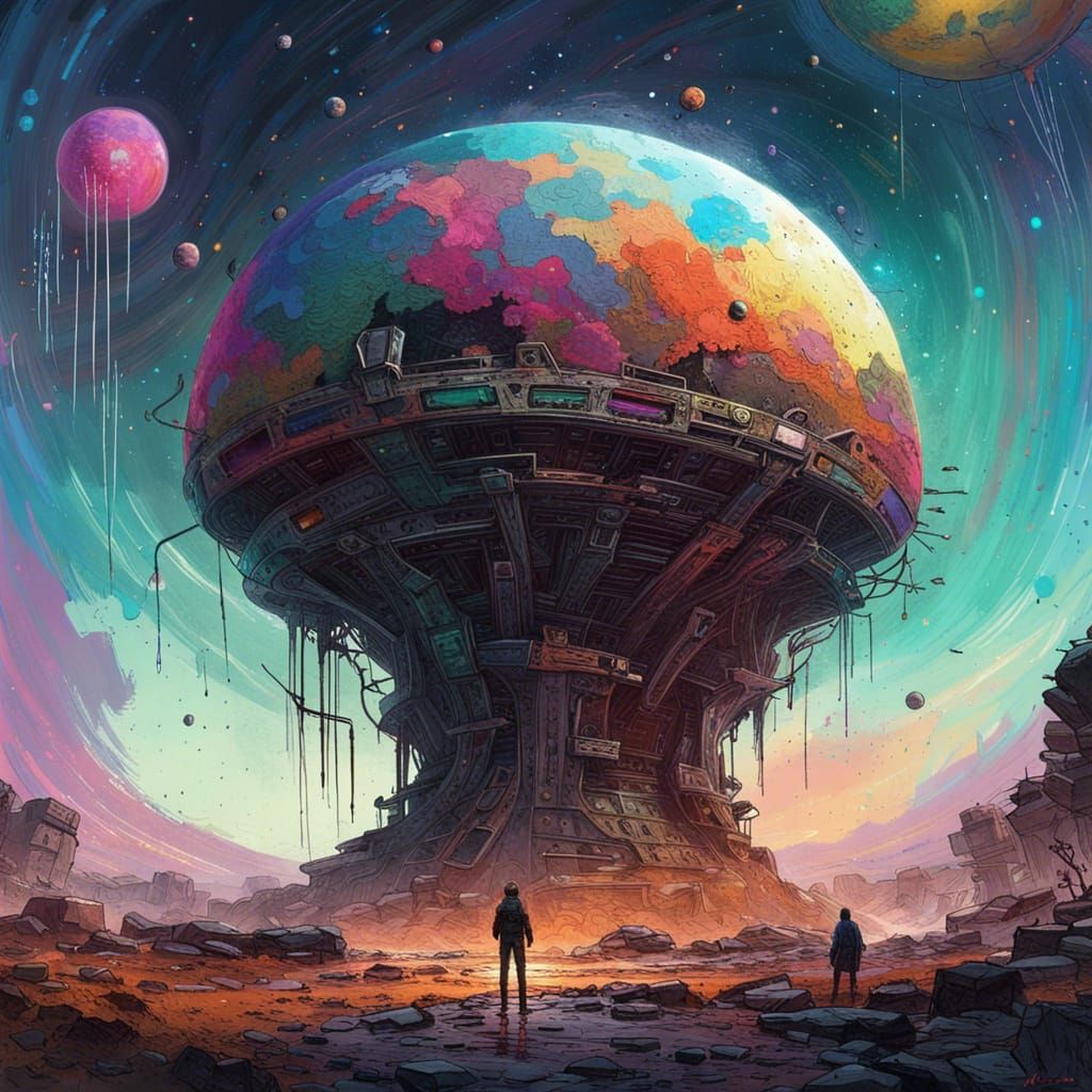 Colorful Alien Monument in Cosmic Landscape