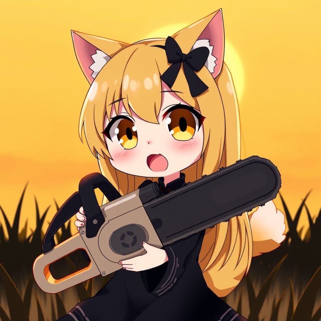 Cute Anime Catgirl Wields Chainsaw in Morning Sunlight