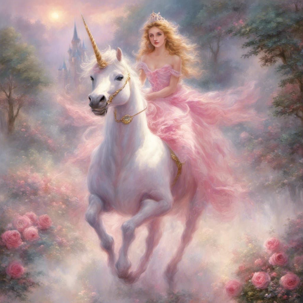 Pink Princess on Unicorn in Ethereal Fantasy Style