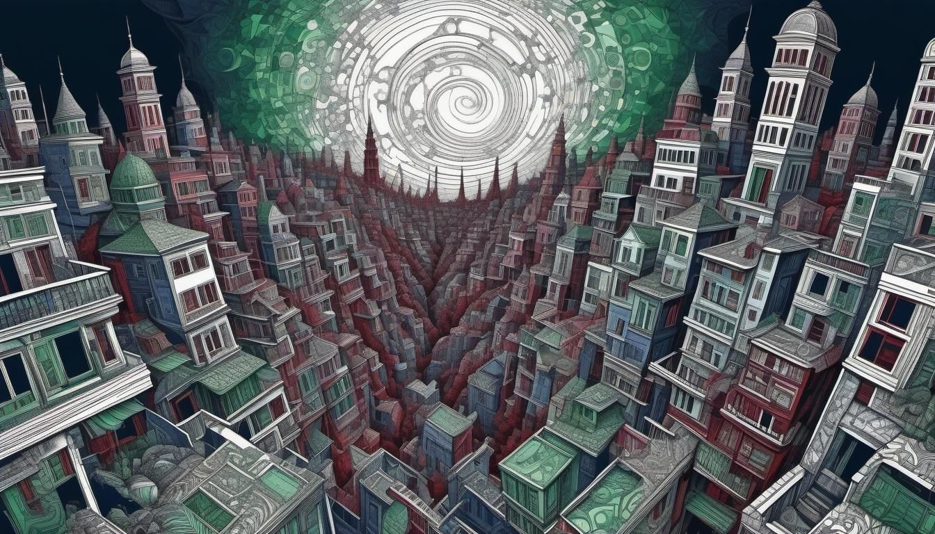 Eschertown Nightscape with Asteroid in Fractal Style