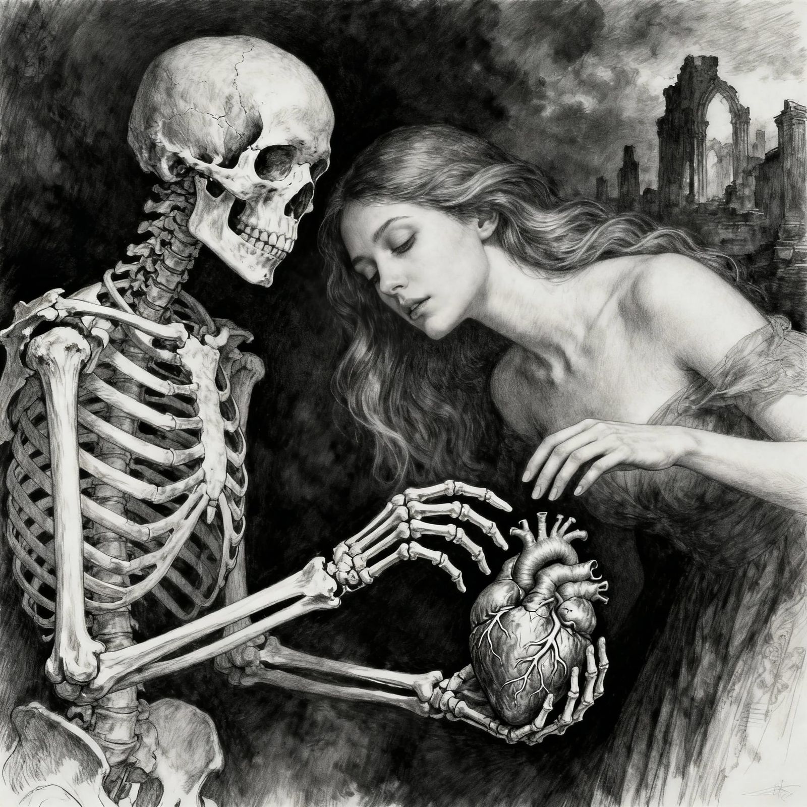 Skeleton Offers Heart to Woman in Surreal Photorealistic Art
