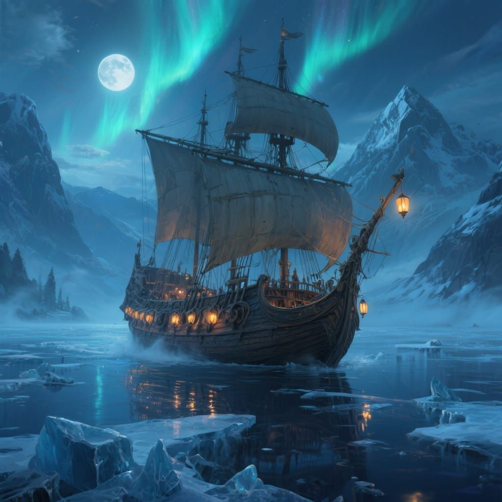 Epic Fantasy Ship on Frozen Lake