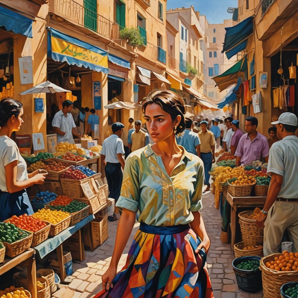 Algerian Market Scene as Impressionist Oil Painting