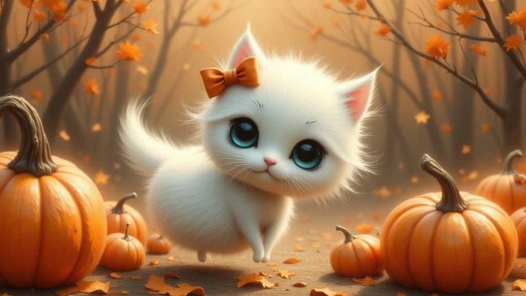Adorable Kitten Ghost with Orange Bow in Pumpkin Patch