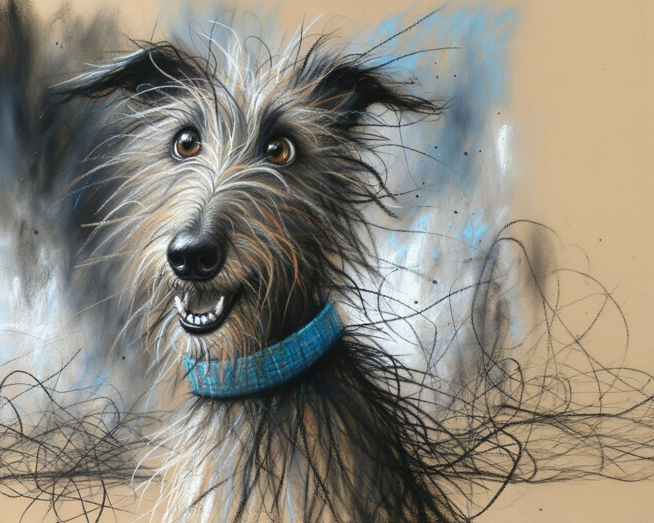 Smiling Deerhound in Hyper-Detailed Charcoal Drawing