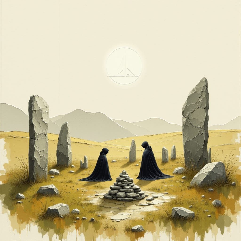Ancient Standing Stones in Scottish Landscape, Pencil and Wa...