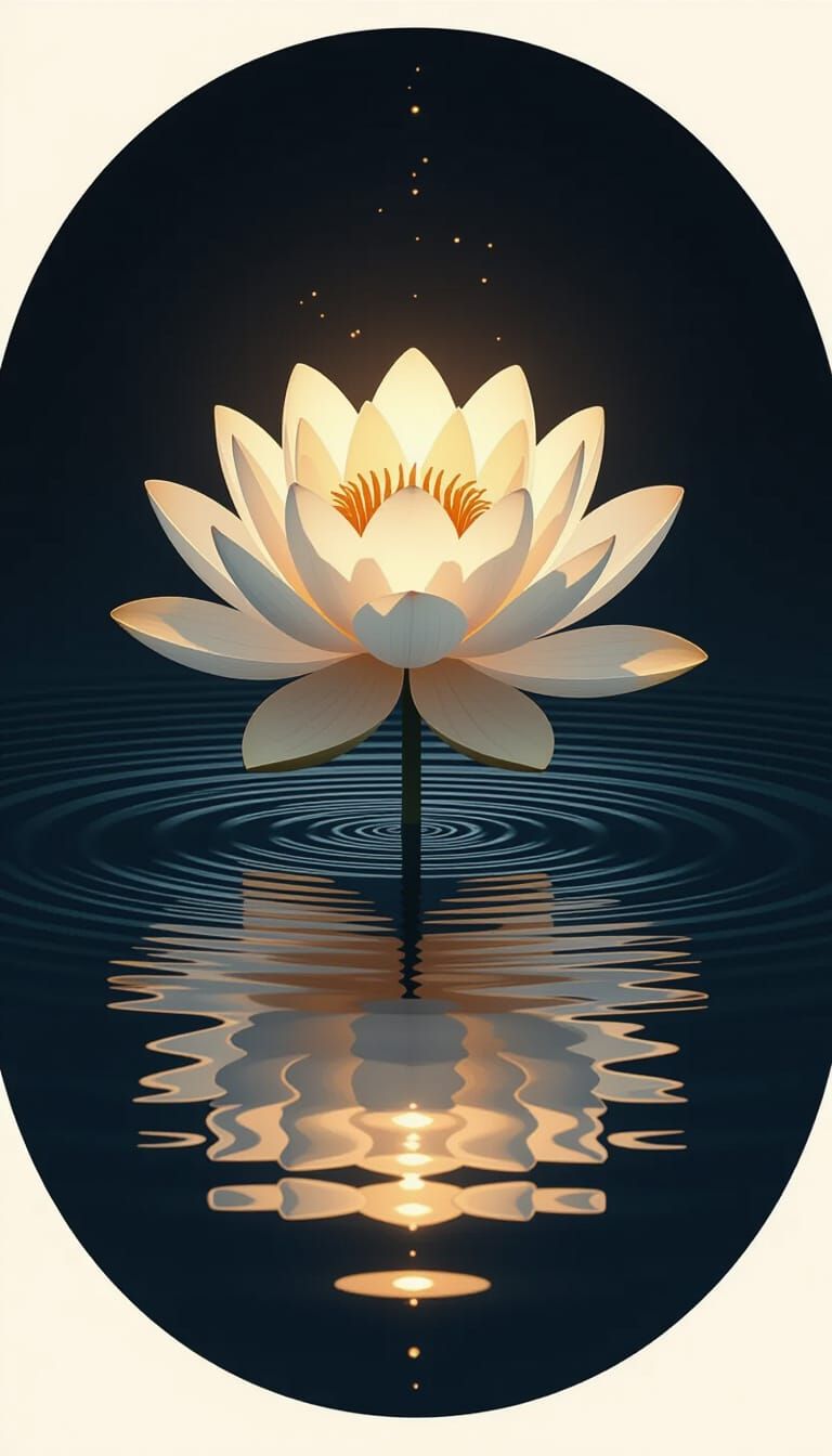 Glowing Lotus Flower in Dark Pool, Photorealistic Surrealism