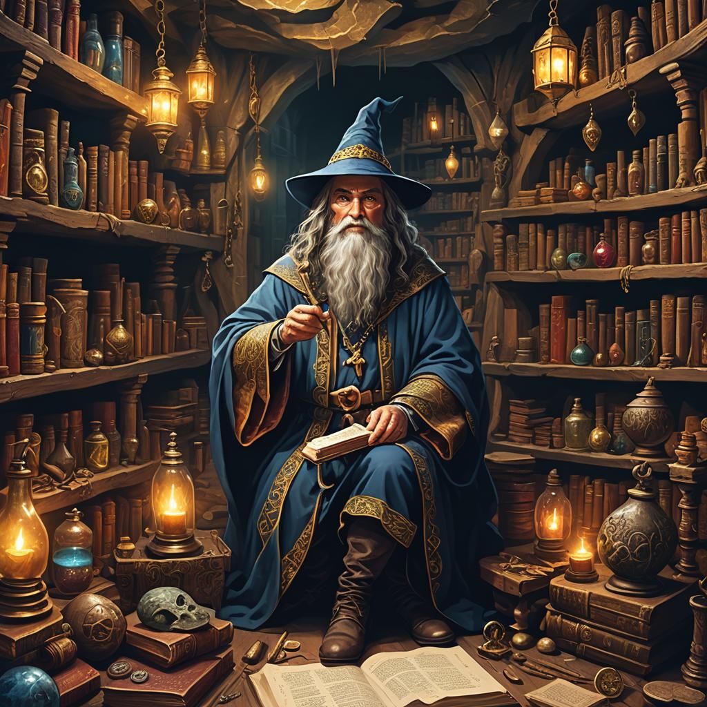 Colorful Wizard in Medieval Chamber: Dark Fantasy Art