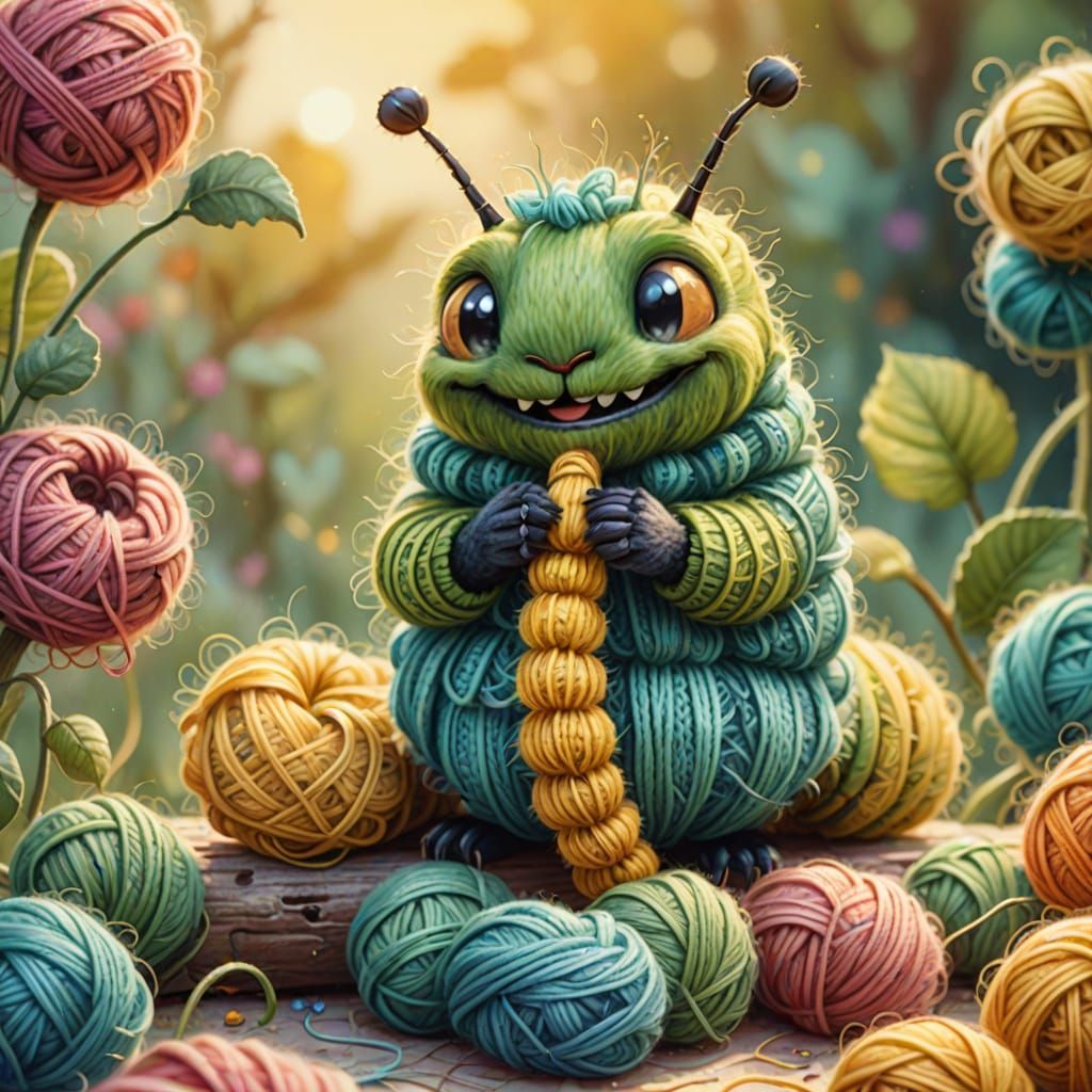 Happy Caterpillar Knitting in Watercolor Style