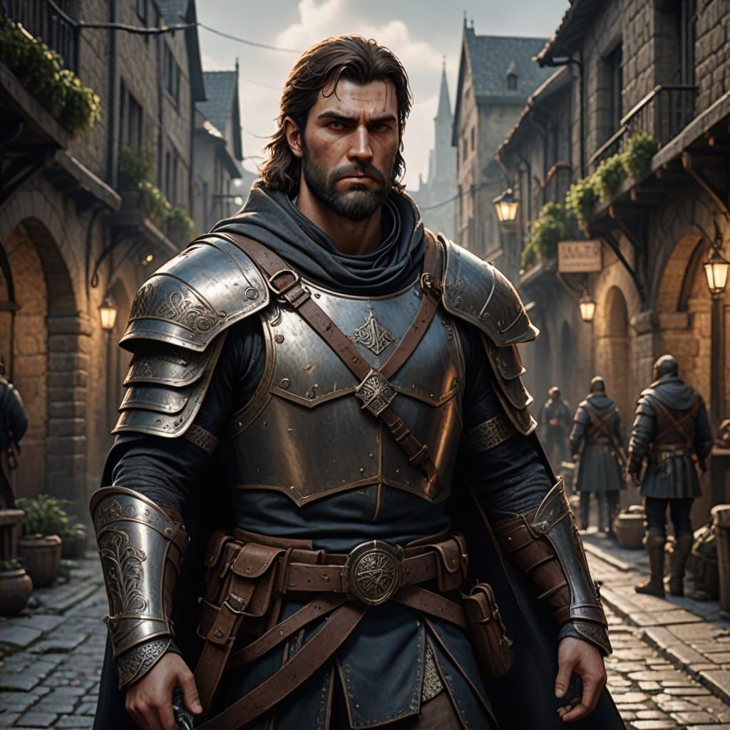 Grim Medieval City Guard with Longsword and Crossbow