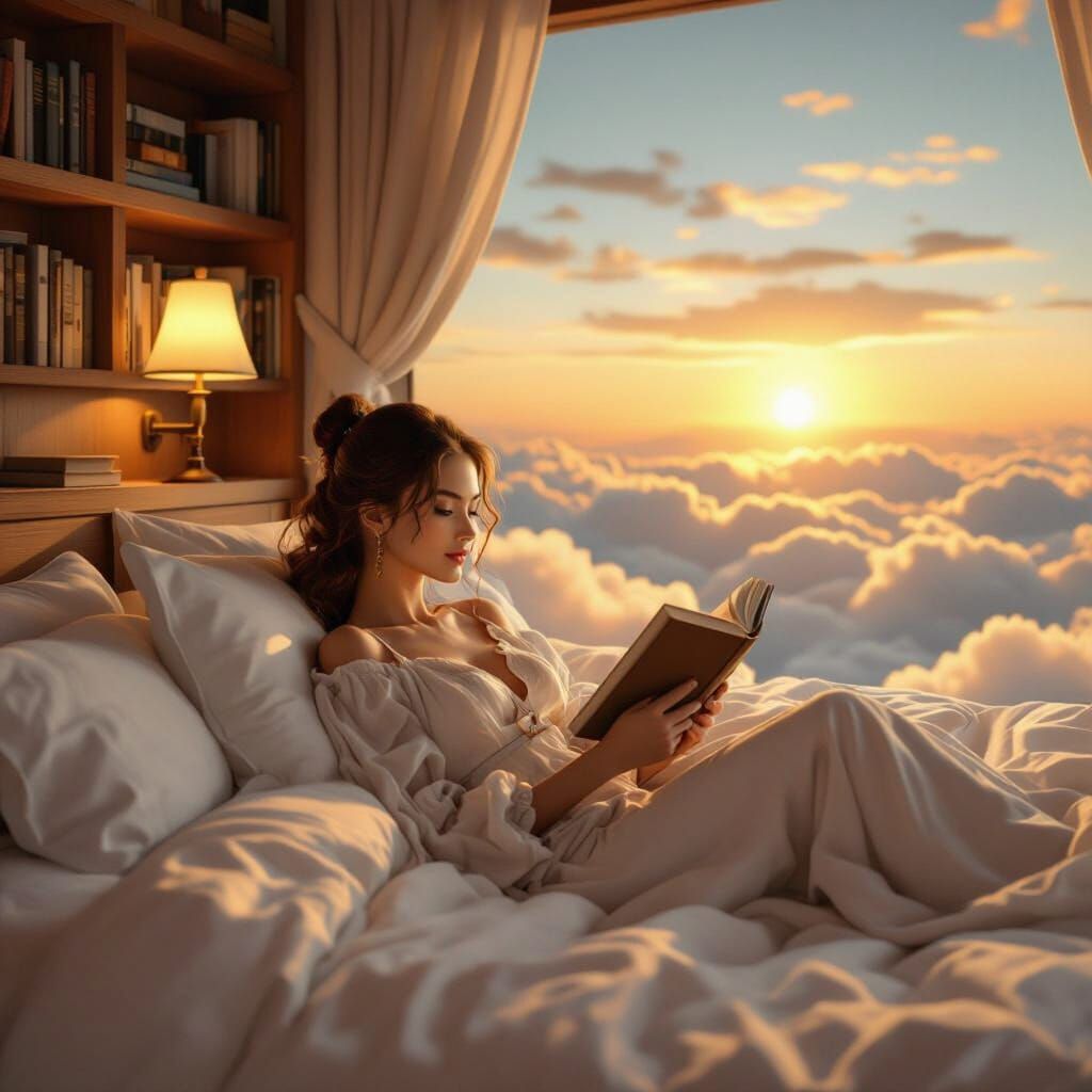 Dreamy Woman Reading Above the Clouds