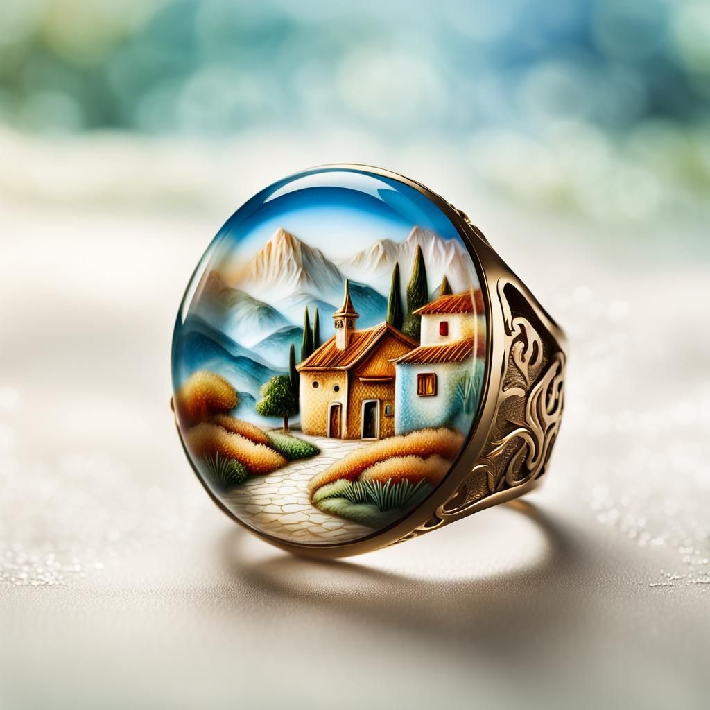 Venetian Glass Ring with Mountain Landscape: Macro Photograp...
