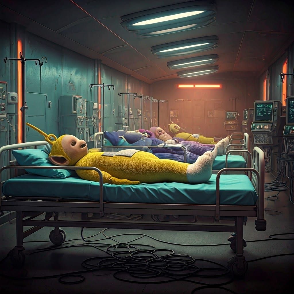 Hospital Beds with Teletubbies in Futuristic Concept Art