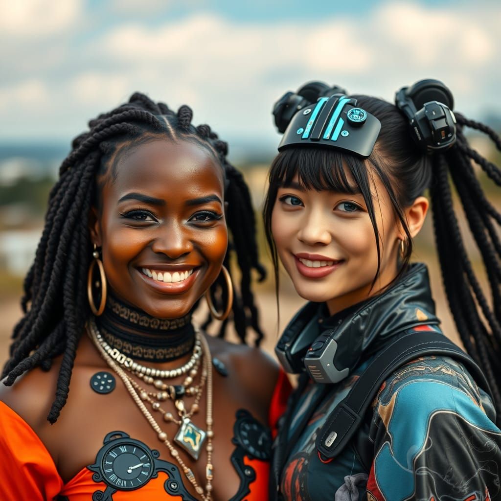 Smiling Women in Futuristic Streetwear, Bahia Landscape