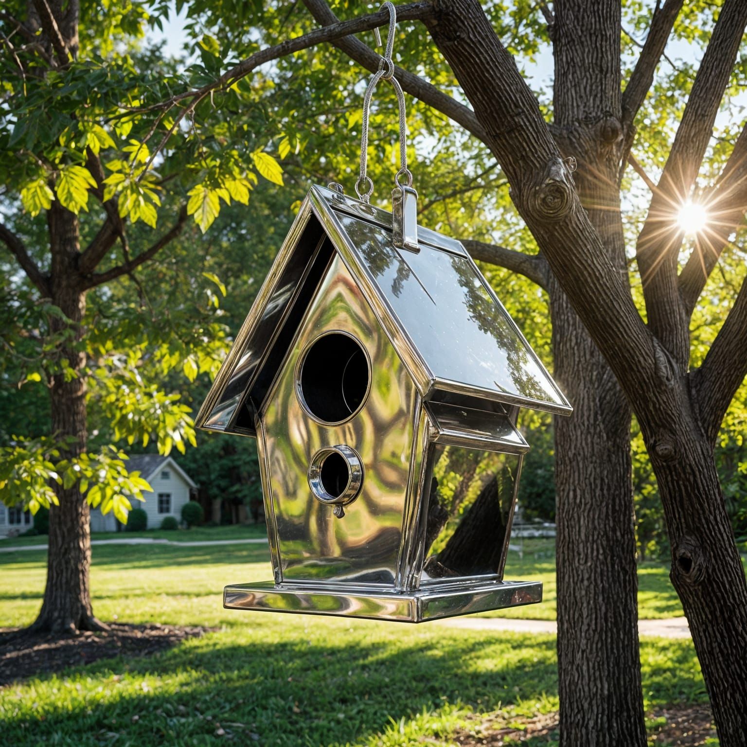 Shiny Chrome Birdhouse in Sunlight