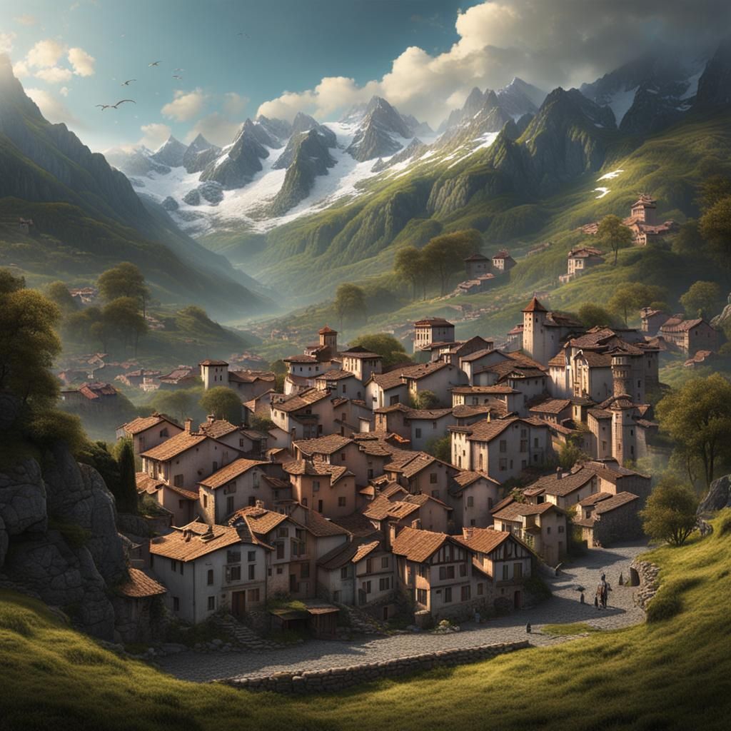Pyrenees Mountain Town: Epic Digital Matte Painting