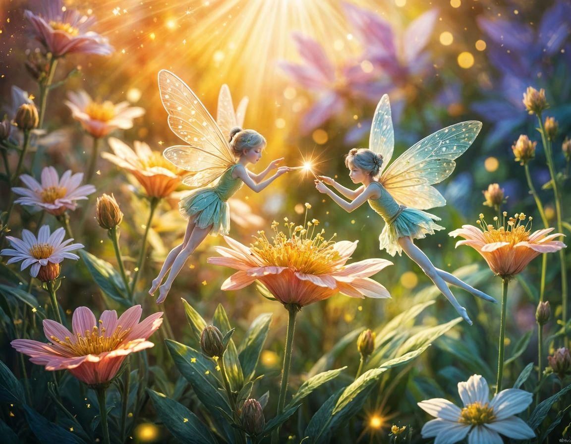 Detailed Flower Fairies Pollinating with Magic Dust