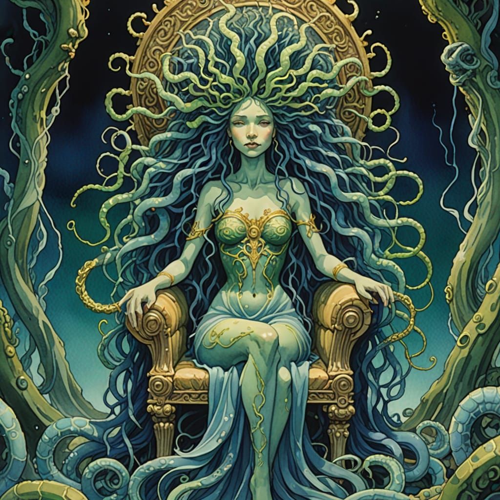 Sea Medusa on Her Throne, Watercolor Gouache Style