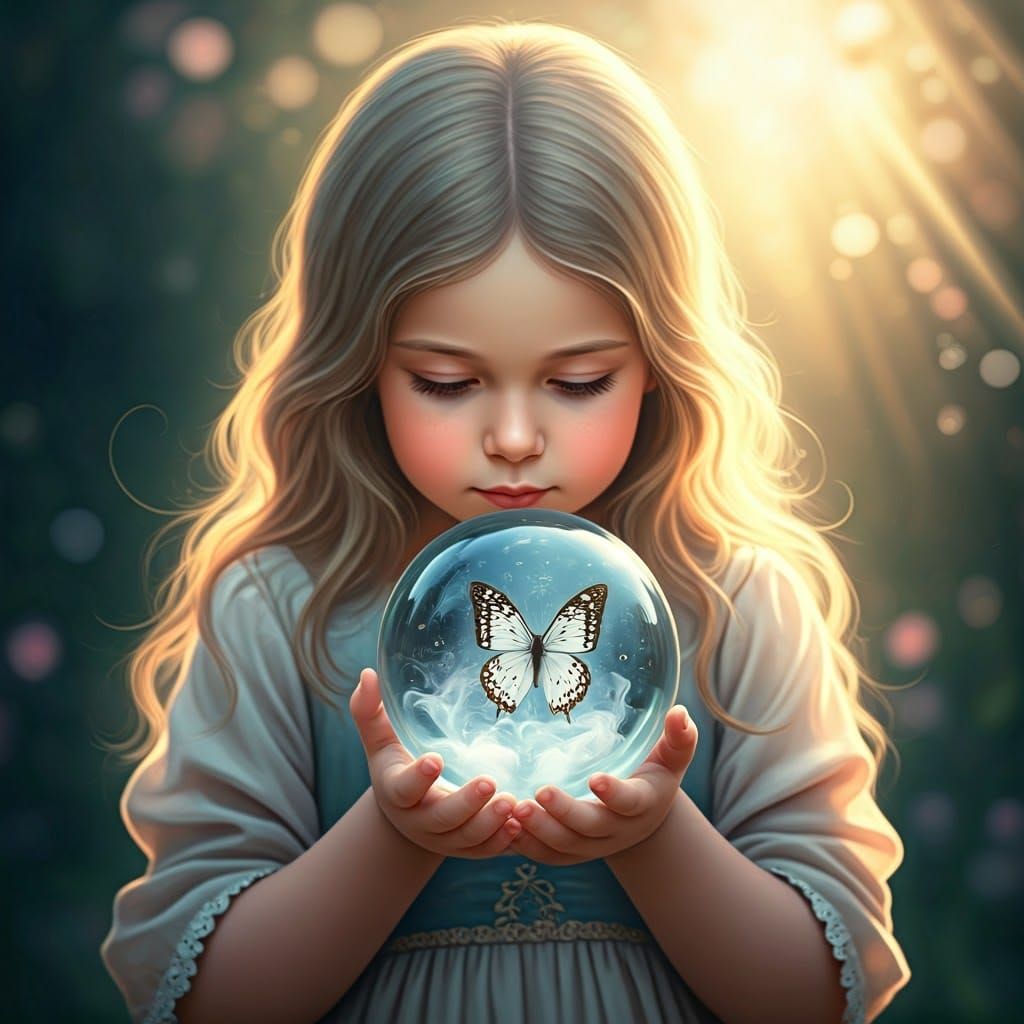 Child with Butterfly in Crystal Ball, Faerie Art