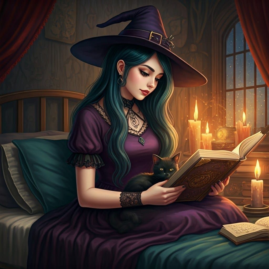 Teenage Witch Reading Spell Book in Fantasy Art Style