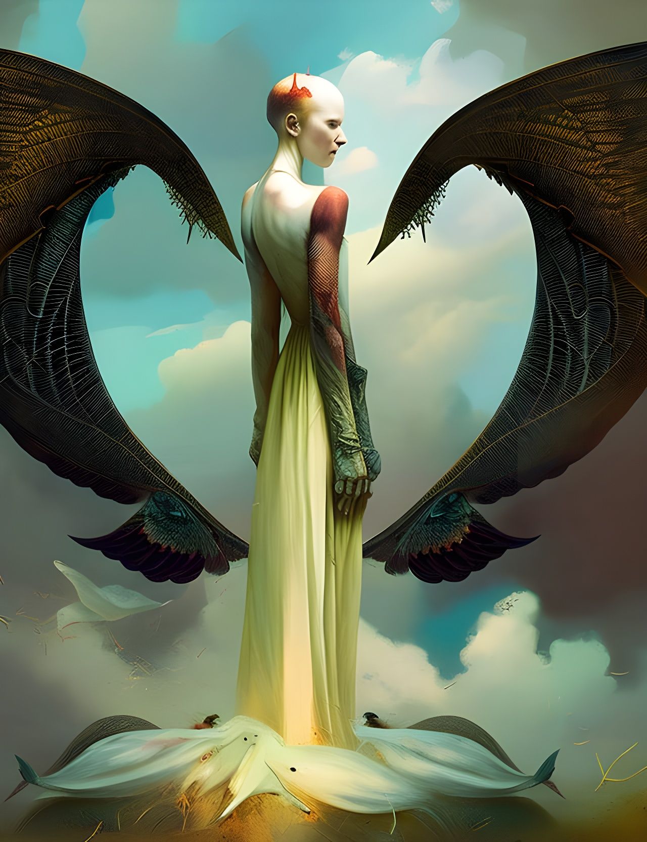 Surreal Death of a Dove in Art Nouveau Style