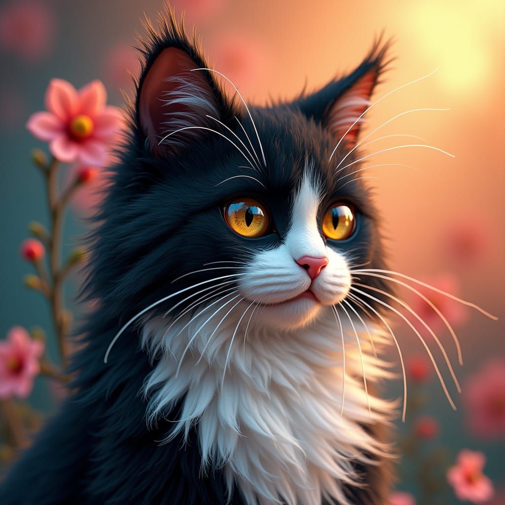 Whimsical Tuxedo Cat with Flowers in 3D Digital Art