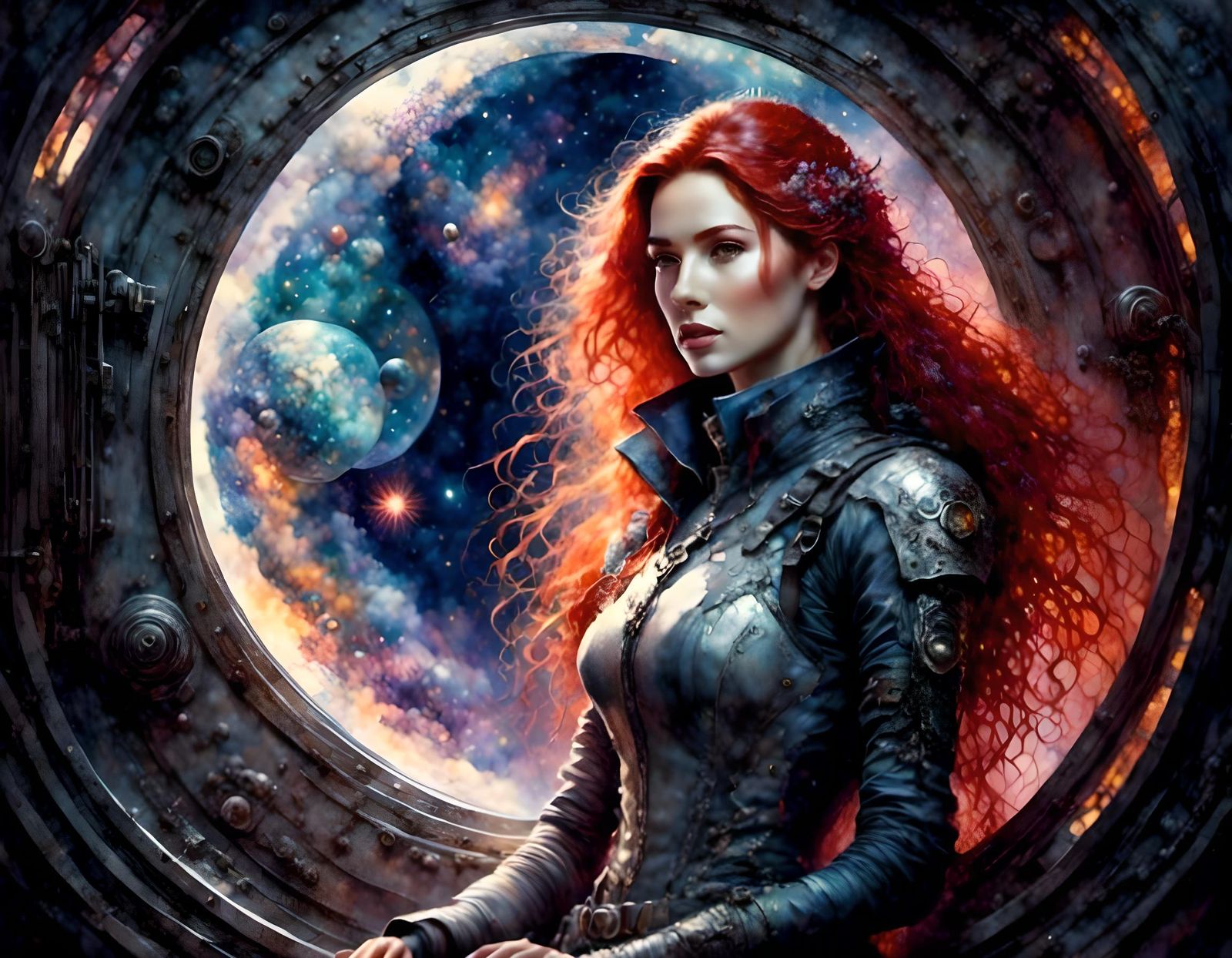 Space Explorer in Spaceship: Watercolor Cyberpunk Portrait