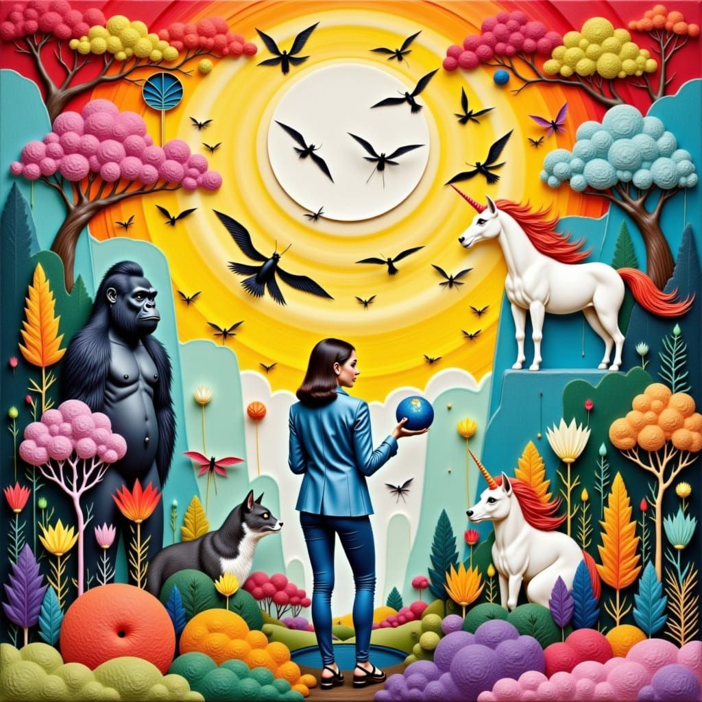 Surreal Collage of Gorilla, Cat, and Unicorn in Rainbow Char...