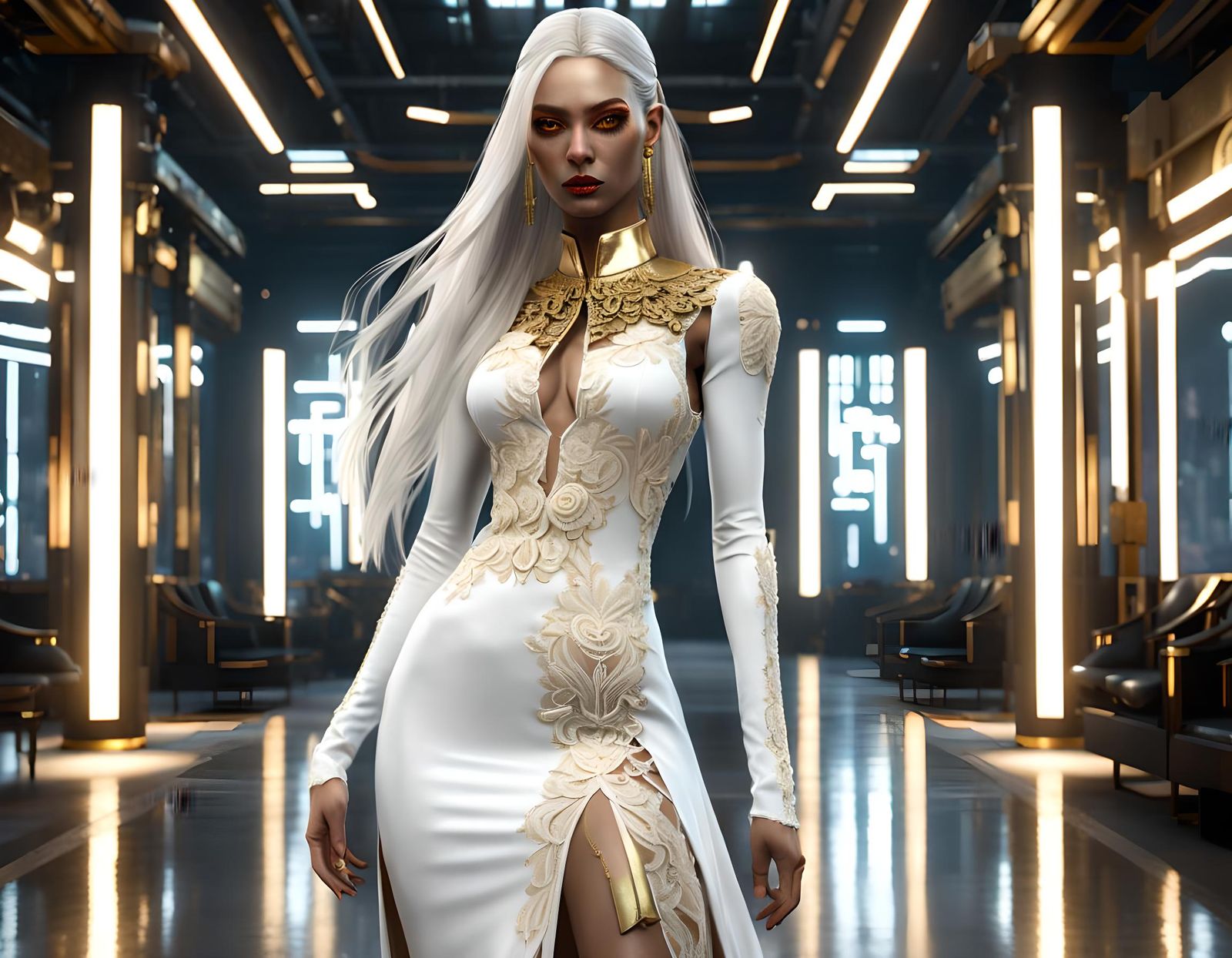 Girl who looks a lot like Kira Naitley, tall, slim, thin sharp facial features, very striking appearance, golden eyes, l...