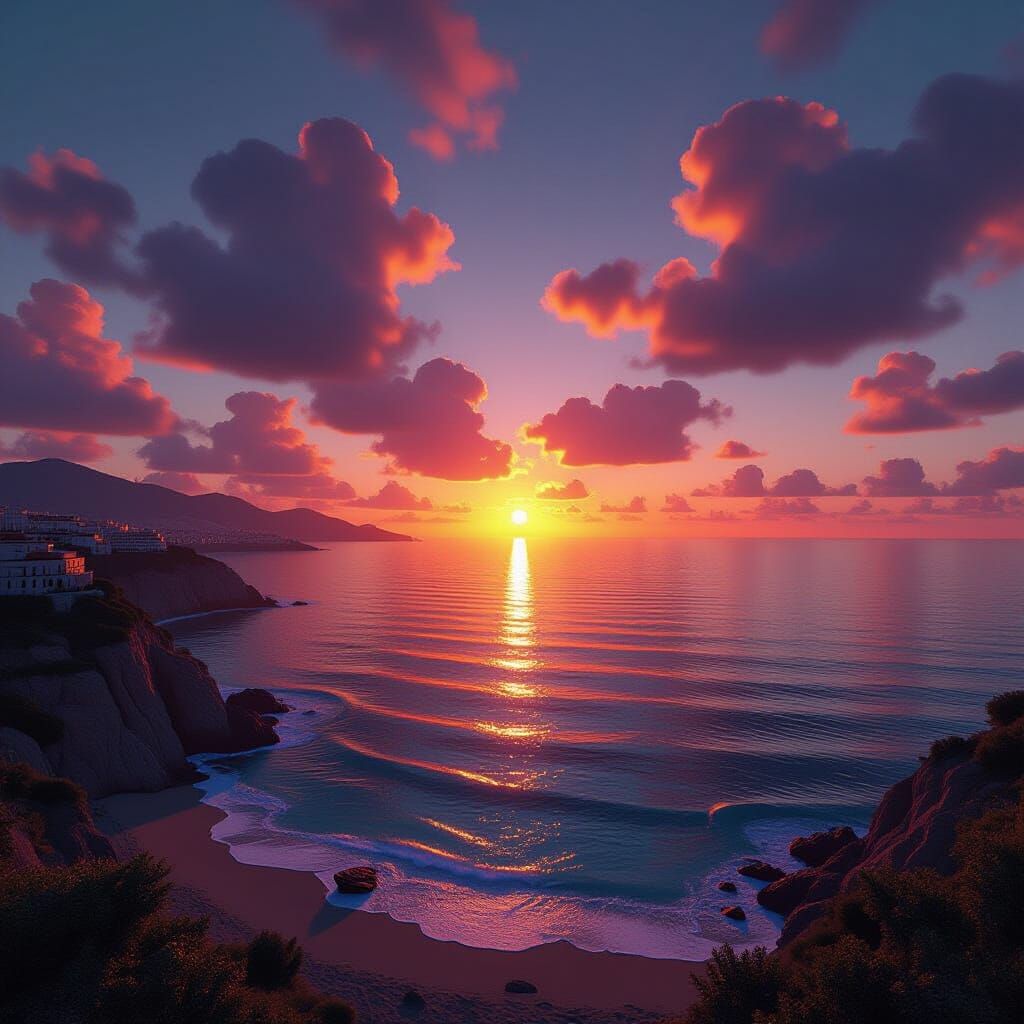 Malaga Sunset Over Sea Cinematic 3D Render