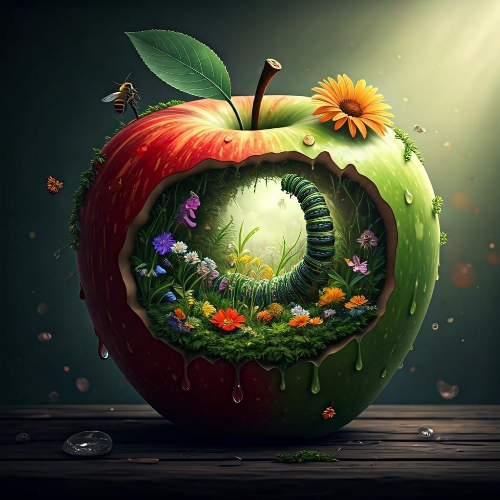 Secret Garden Inside an Apple: Hyperrealistic Concept Art