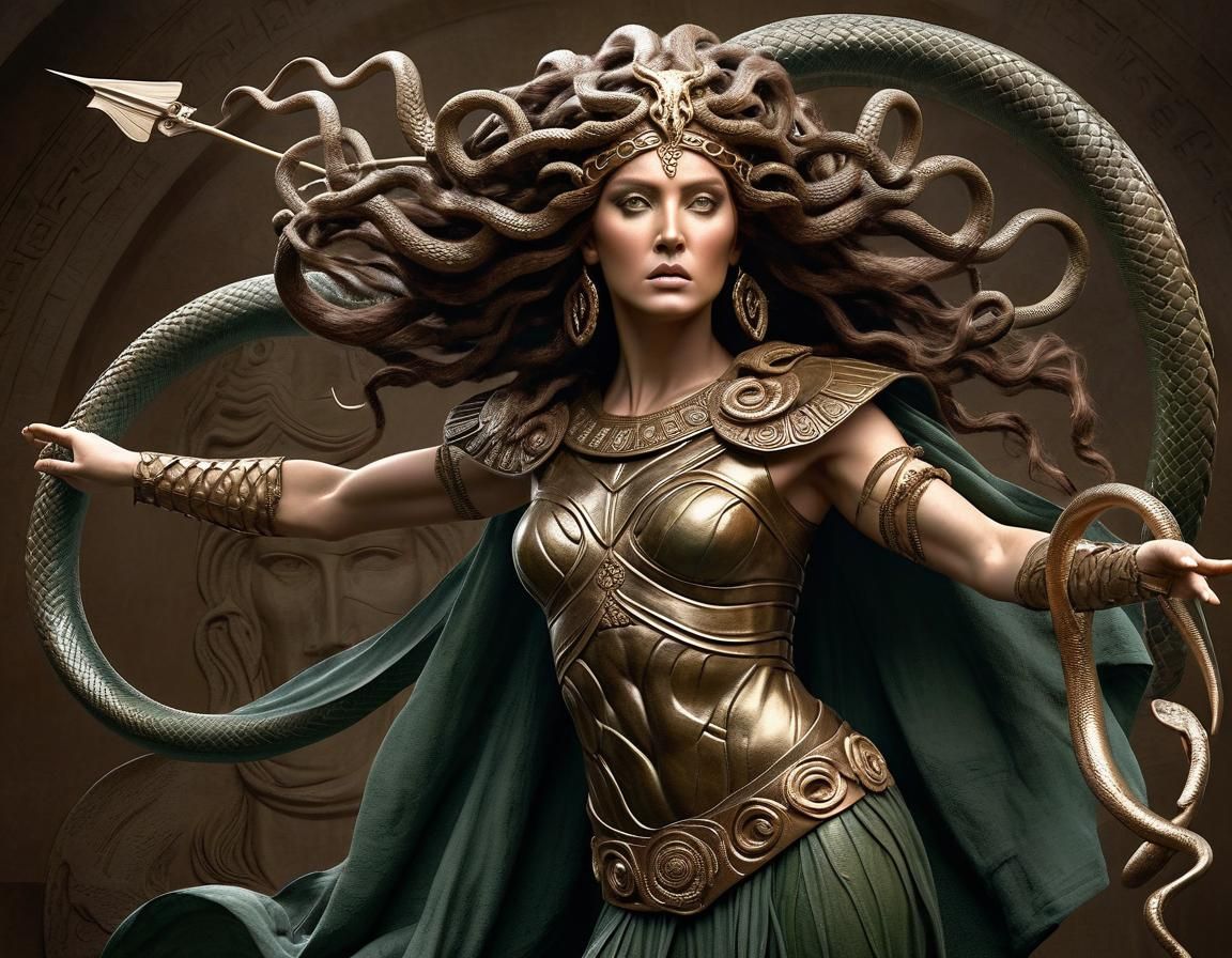 Feminine Medusa Portrait in Ancient Greek Armor
