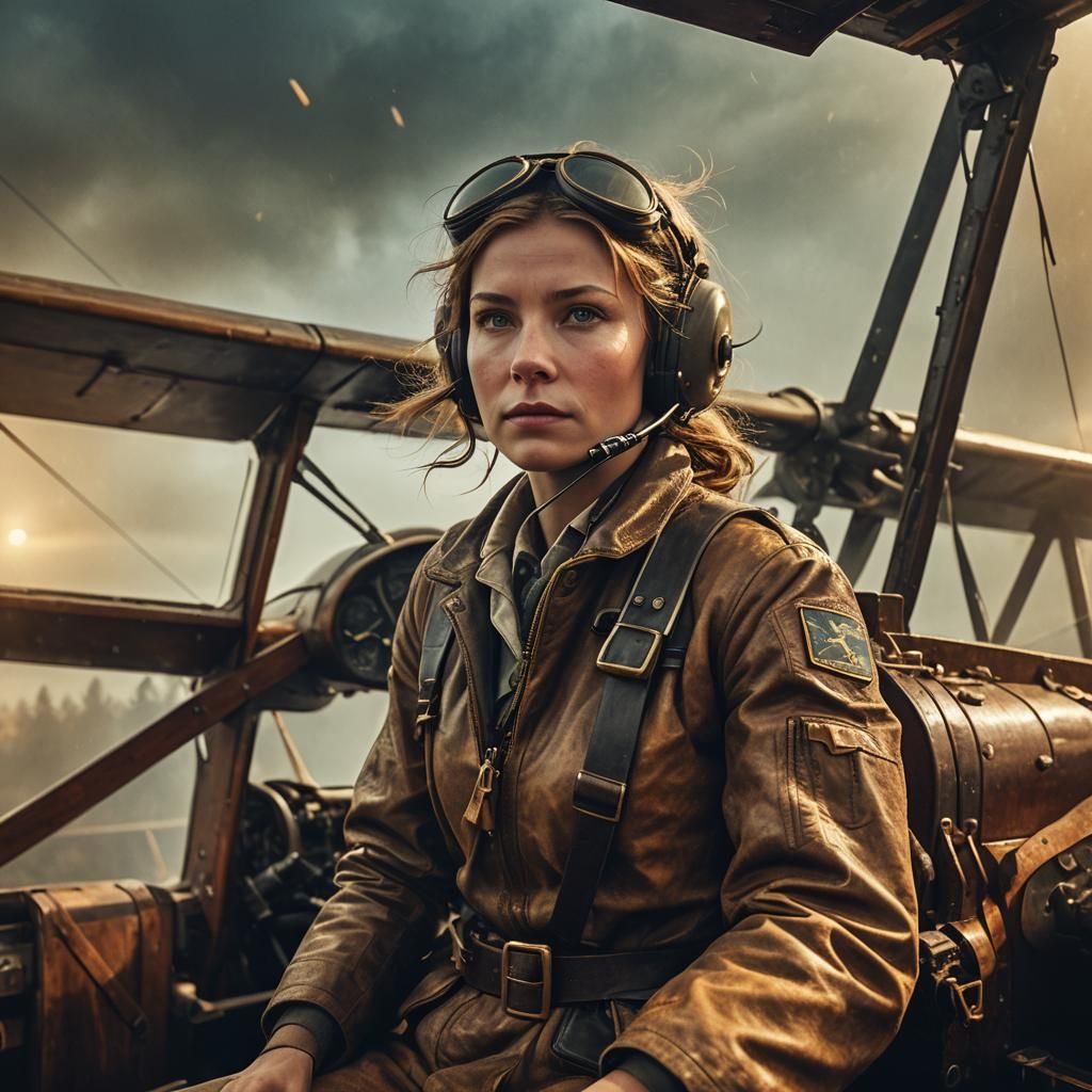 Female Pilot in Vintage Plane, Cinematic Film Still