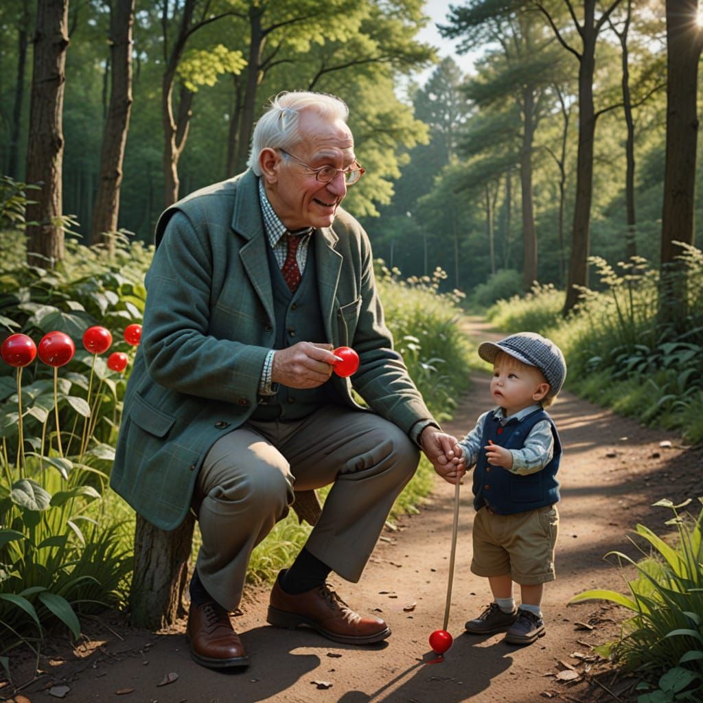 Elderly Gentleman in a Whimsical Forest Moment, in Cinematic...