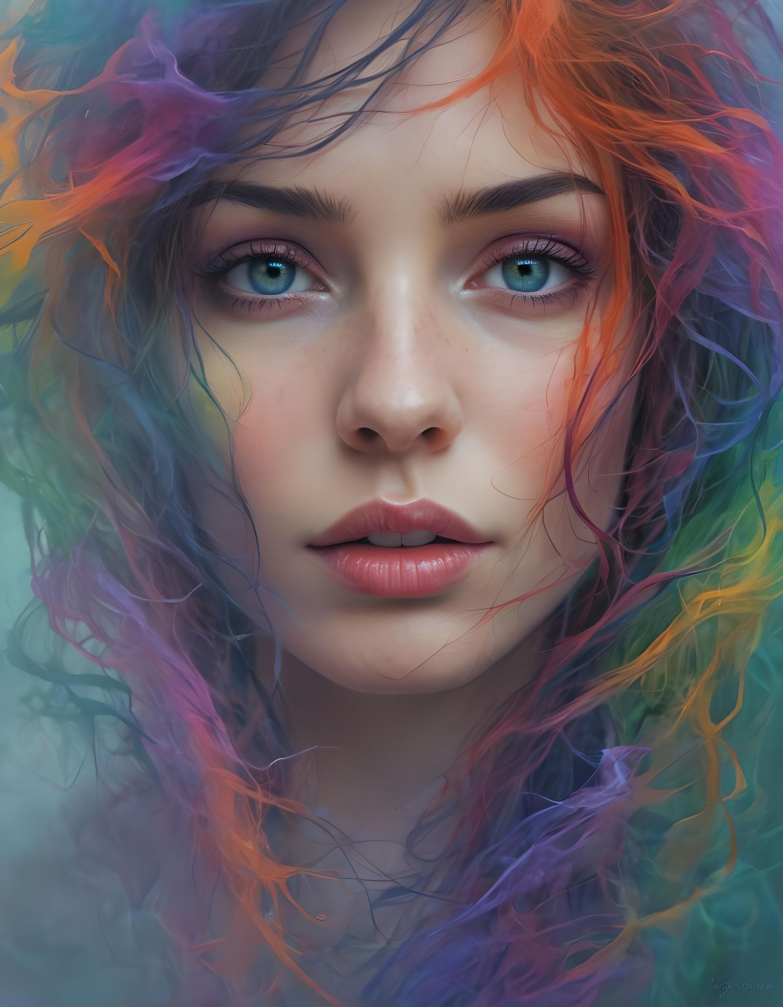 Mystical Woman in Colorful Mist Stares Intently